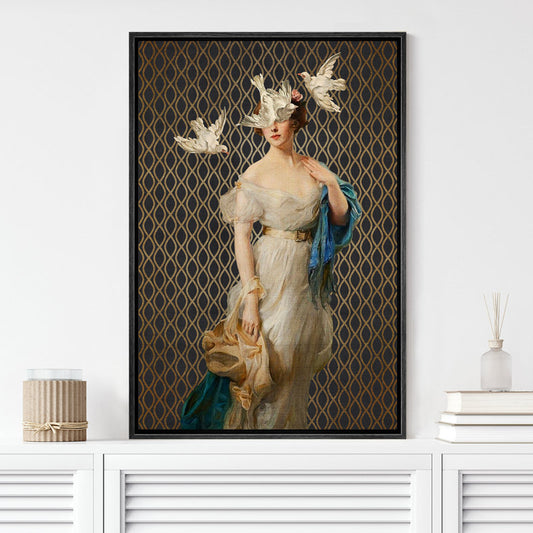 Whimsical Victorian Lady with Birds - Framed Retro Oil Painting Wall Art