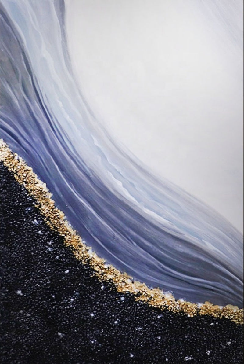 Ethereal Waves: Contemporary Oil Painting with Glittering Gold Accents