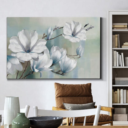 Elegant Spring Magnolias: Stunning White Floral Oil Painting for Home Decor