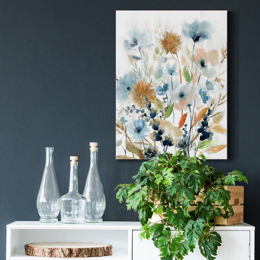 Elegant Floral Oil Painting in Soft Blues and Earthy Tones for Modern Decor