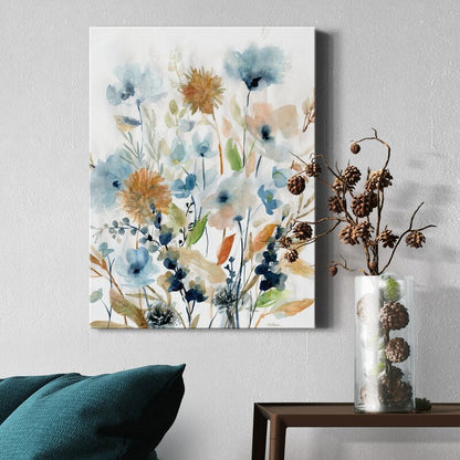 Elegant Floral Oil Painting in Soft Blues and Earthy Tones for Modern Decor