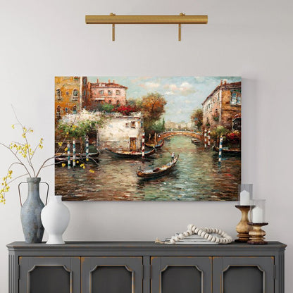 Tranquil Canal Scene with Gondolas and Lush Florals in Vibrant Colors