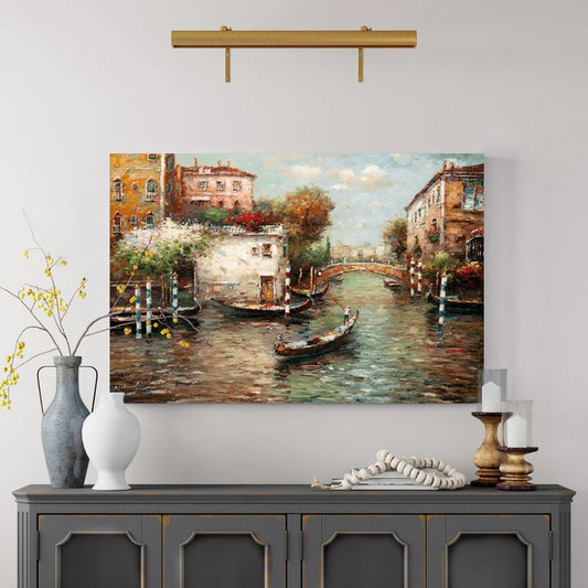 Tranquil Canal Scene with Gondolas and Lush Florals in Vibrant Colors