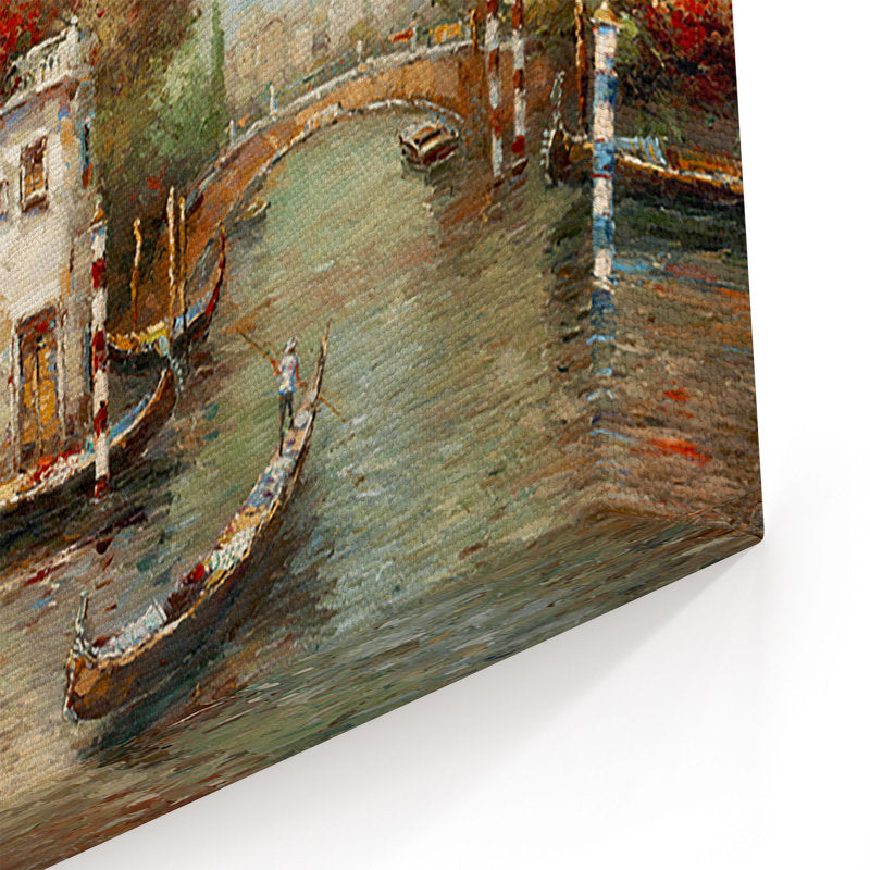 Tranquil Canal Scene with Gondolas and Lush Florals in Vibrant Colors
