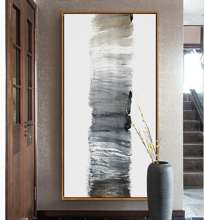 Serene Minimalist Black and White Abstract Oil Painting for Modern Home Decor