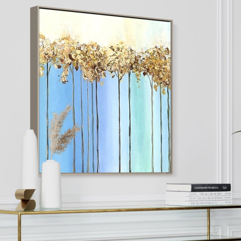 “Serene Autumn Landscape with Gold Leaf Accents – Vibrant Oil Painting for Home Decor”