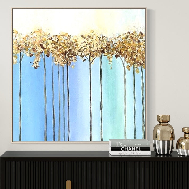 “Serene Autumn Landscape with Gold Leaf Accents – Vibrant Oil Painting for Home Decor”