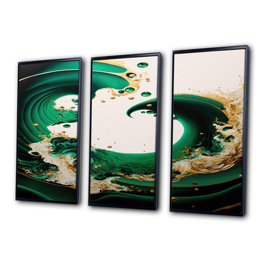 Emerald Green and Gold Abstract Wave Triptych Oil Painting for Modern Décor