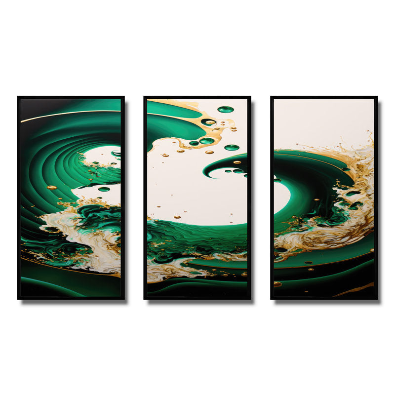 Emerald Green and Gold Abstract Wave Triptych Oil Painting for Modern Décor