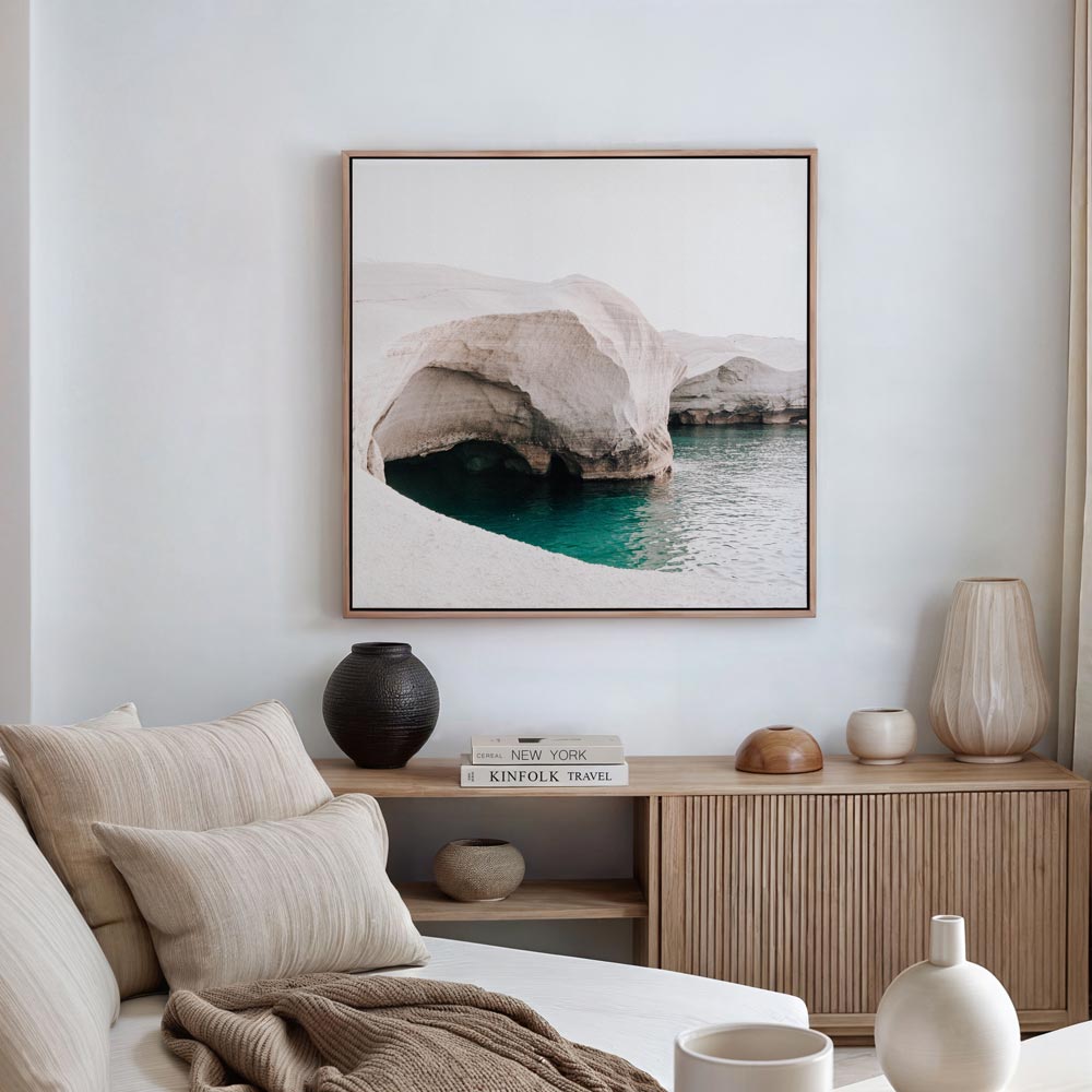 Tranquil Azure Waters and Serene Stone Landscape Oil Painting