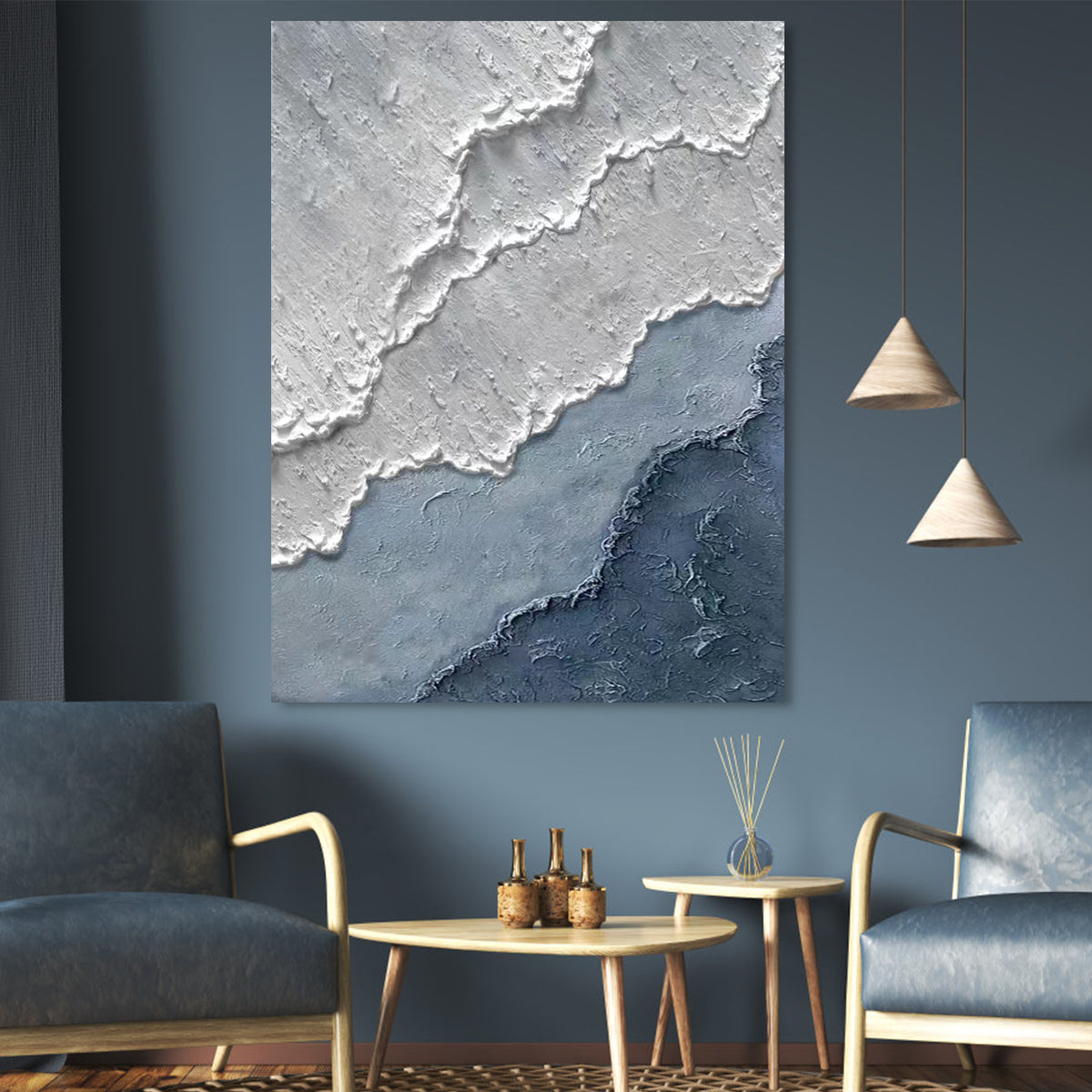 Serene Coastal Waves: Textured Blue and White Oil Painting for Modern Décor