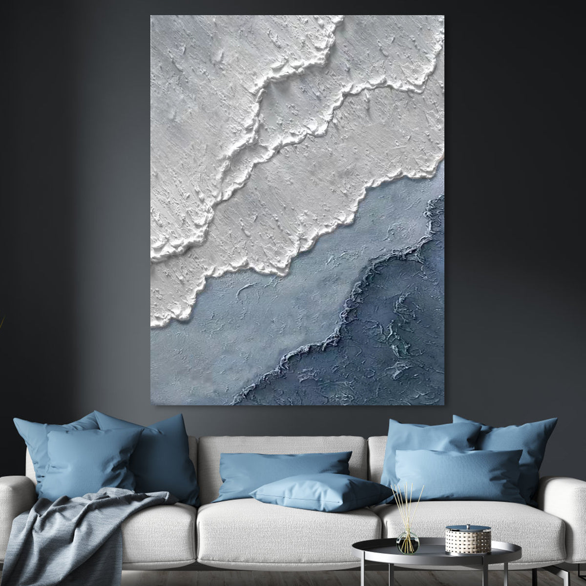 Serene Coastal Waves: Textured Blue and White Oil Painting for Modern Décor