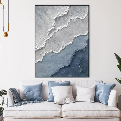 Serene Coastal Waves: Textured Blue and White Oil Painting for Modern Décor