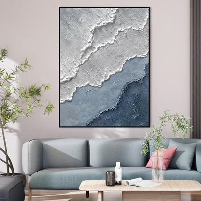 Serene Coastal Waves: Textured Blue and White Oil Painting for Modern Décor