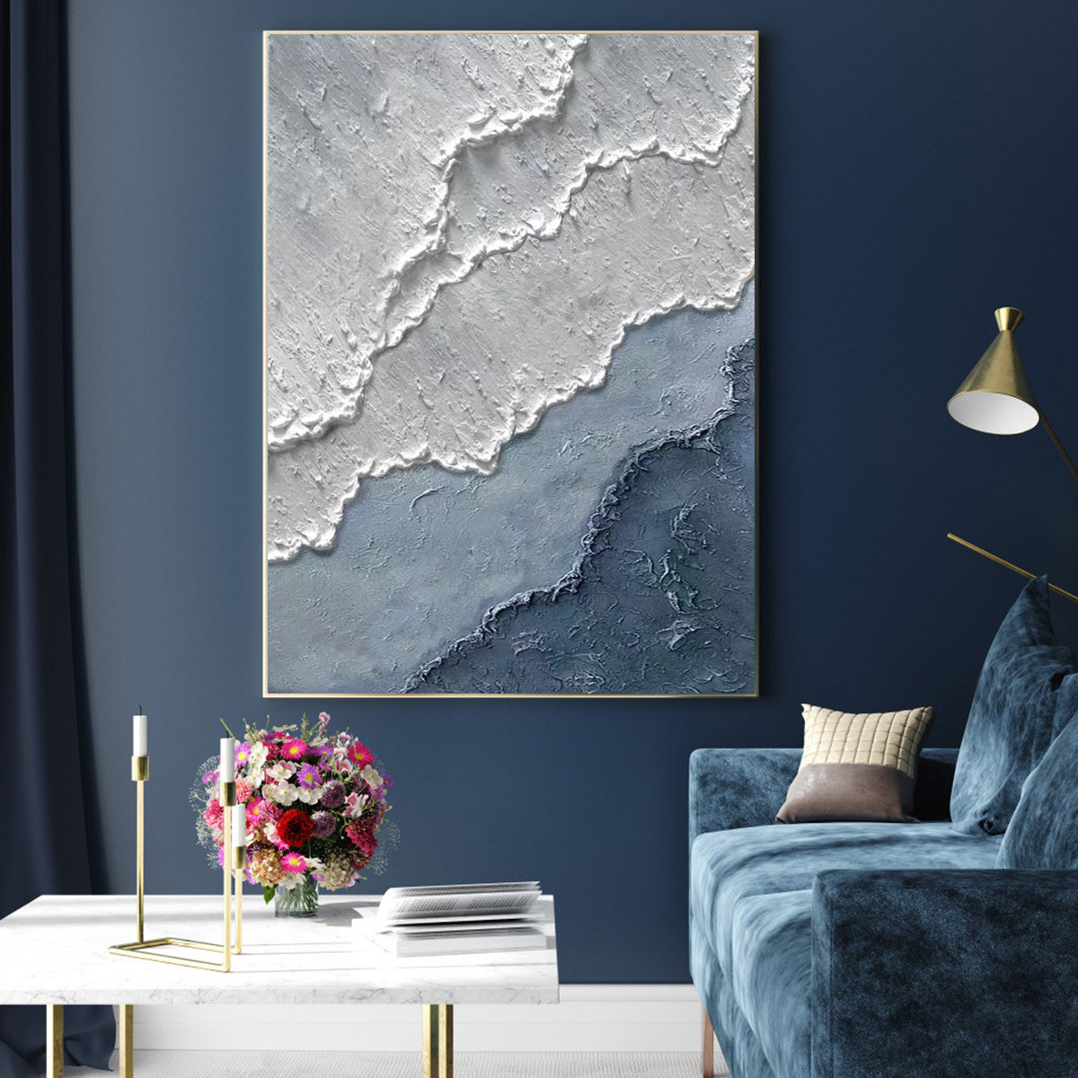 Serene Coastal Waves: Textured Blue and White Oil Painting for Modern Décor