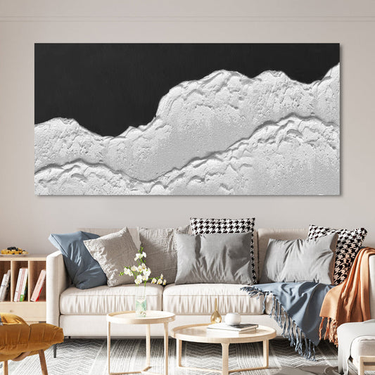 Elegant Monochrome Waves: Textured Black and White Oil Painting for Modern Home Decor