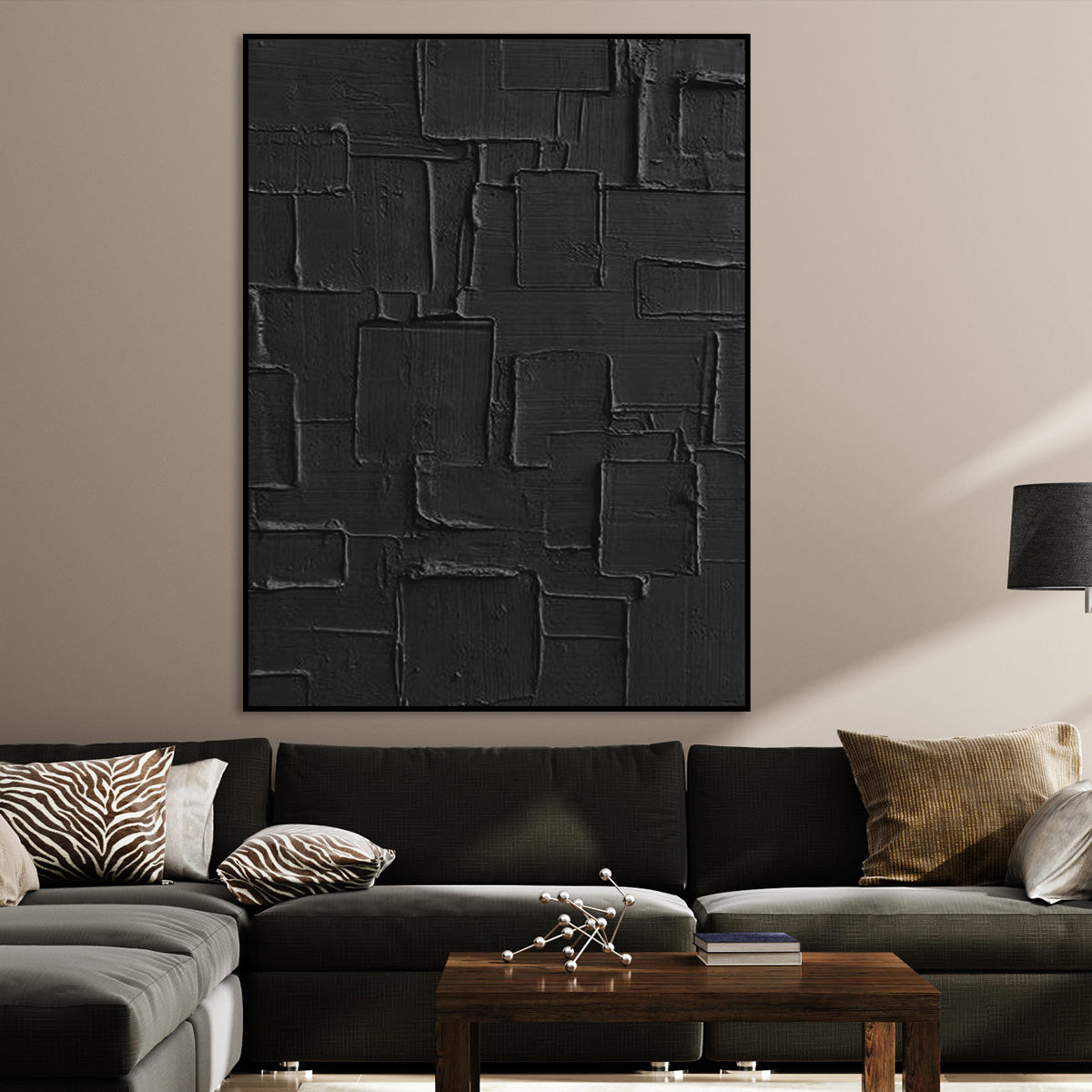 Abstract Black Geometric Oil Painting for Modern Home Decor