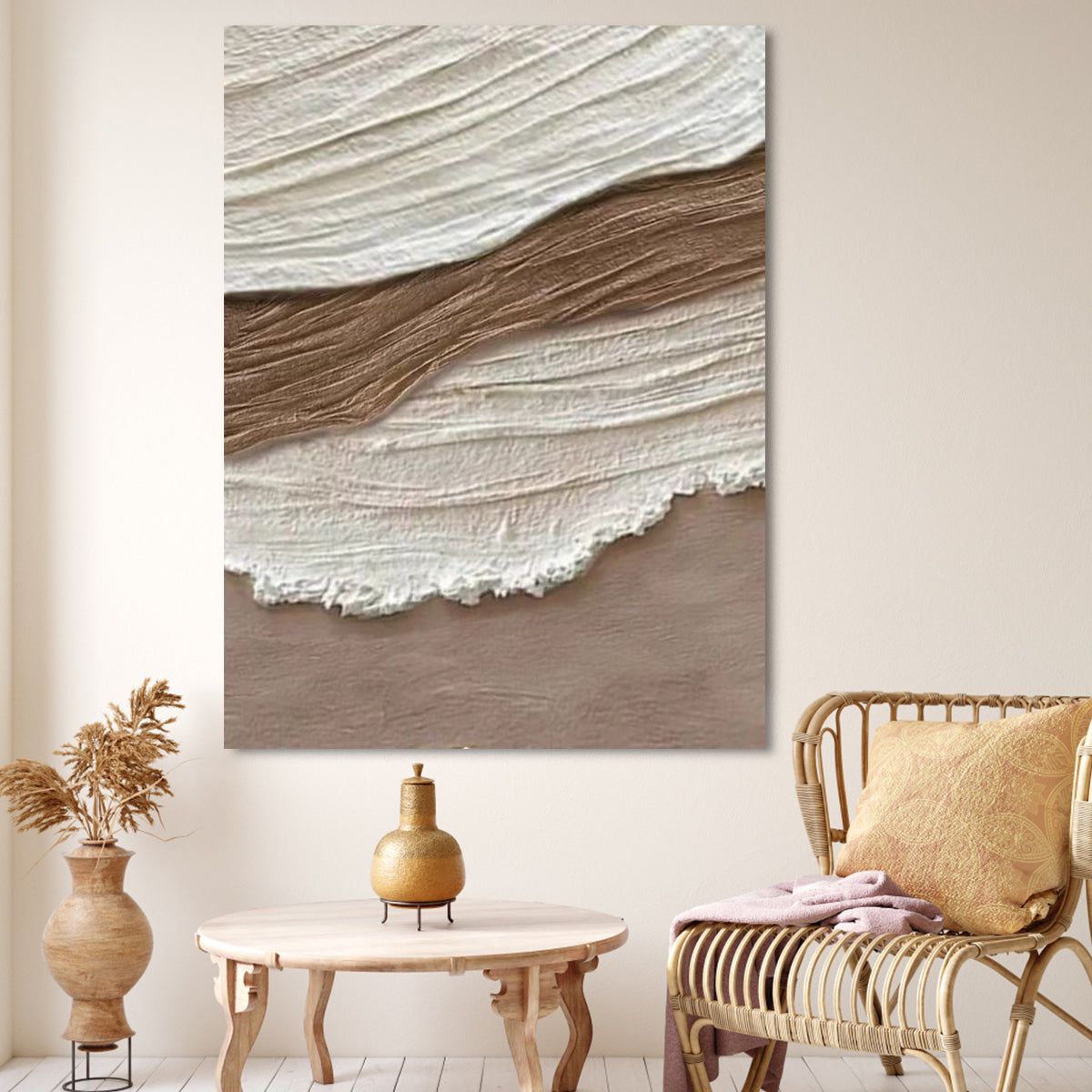 Serene Earth Tones: Textured Abstract Oil Painting for Modern Decor