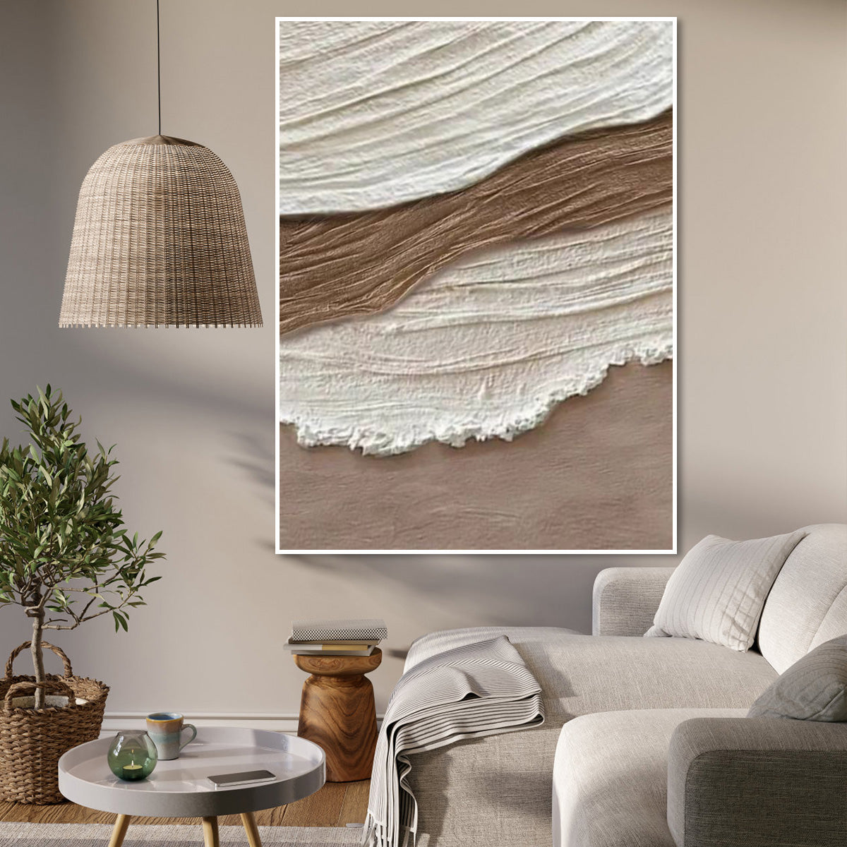 Serene Earth Tones: Textured Abstract Oil Painting for Modern Decor