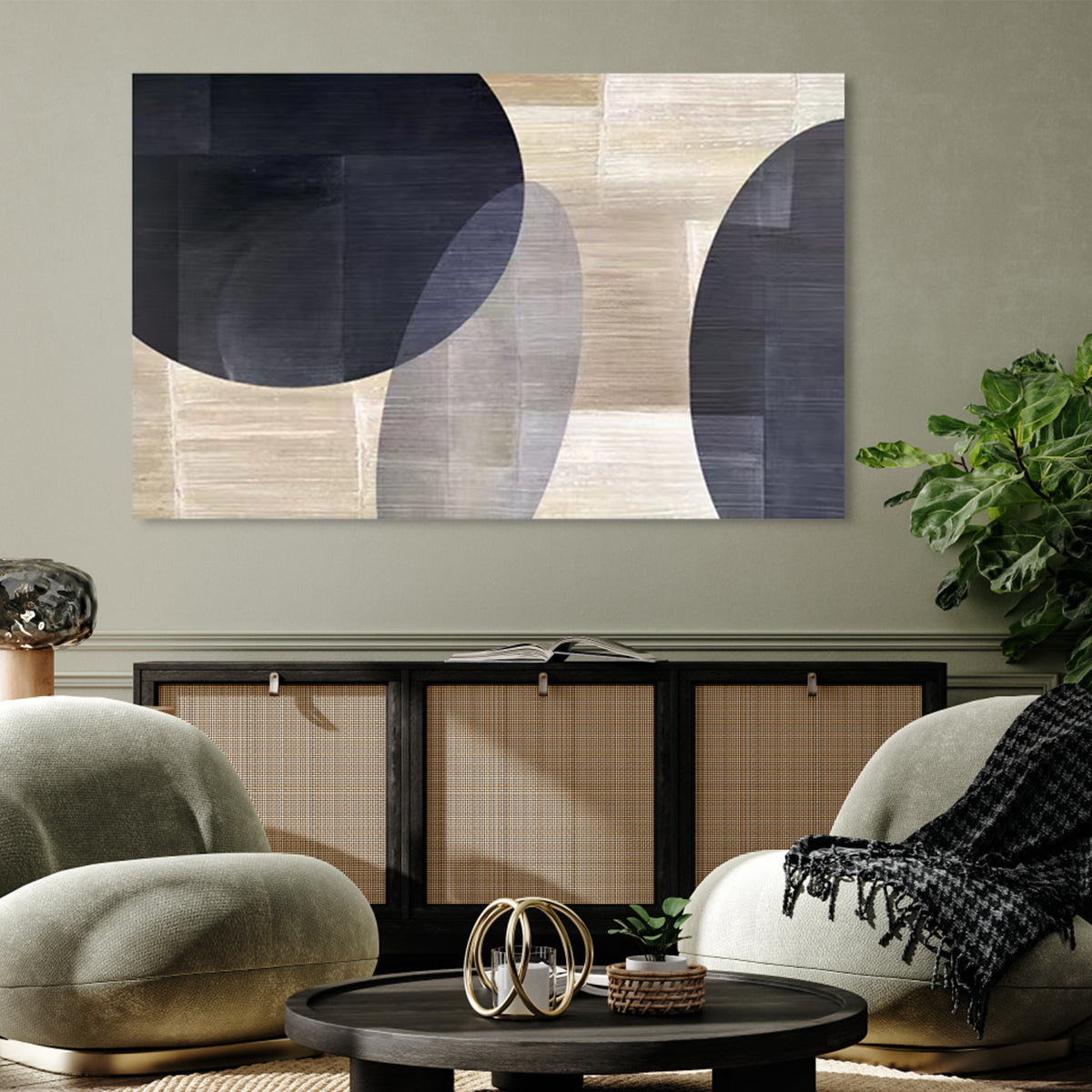 Abstract Geometric Oil Painting in Monochrome Tones for Modern Home Decor