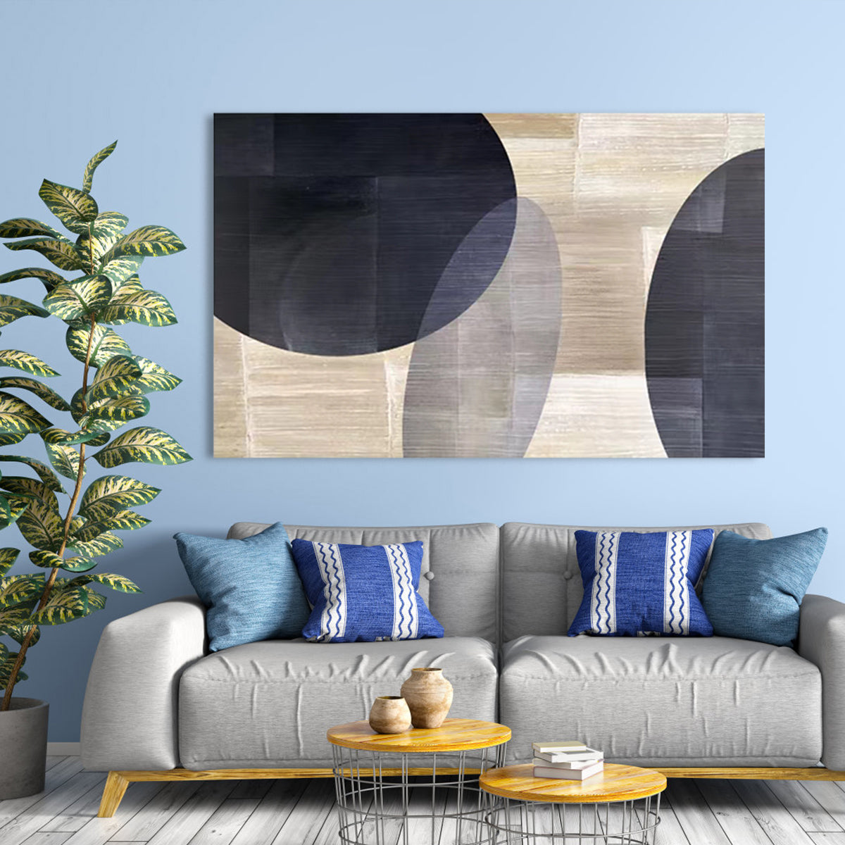 Abstract Geometric Oil Painting in Monochrome Tones for Modern Home Decor