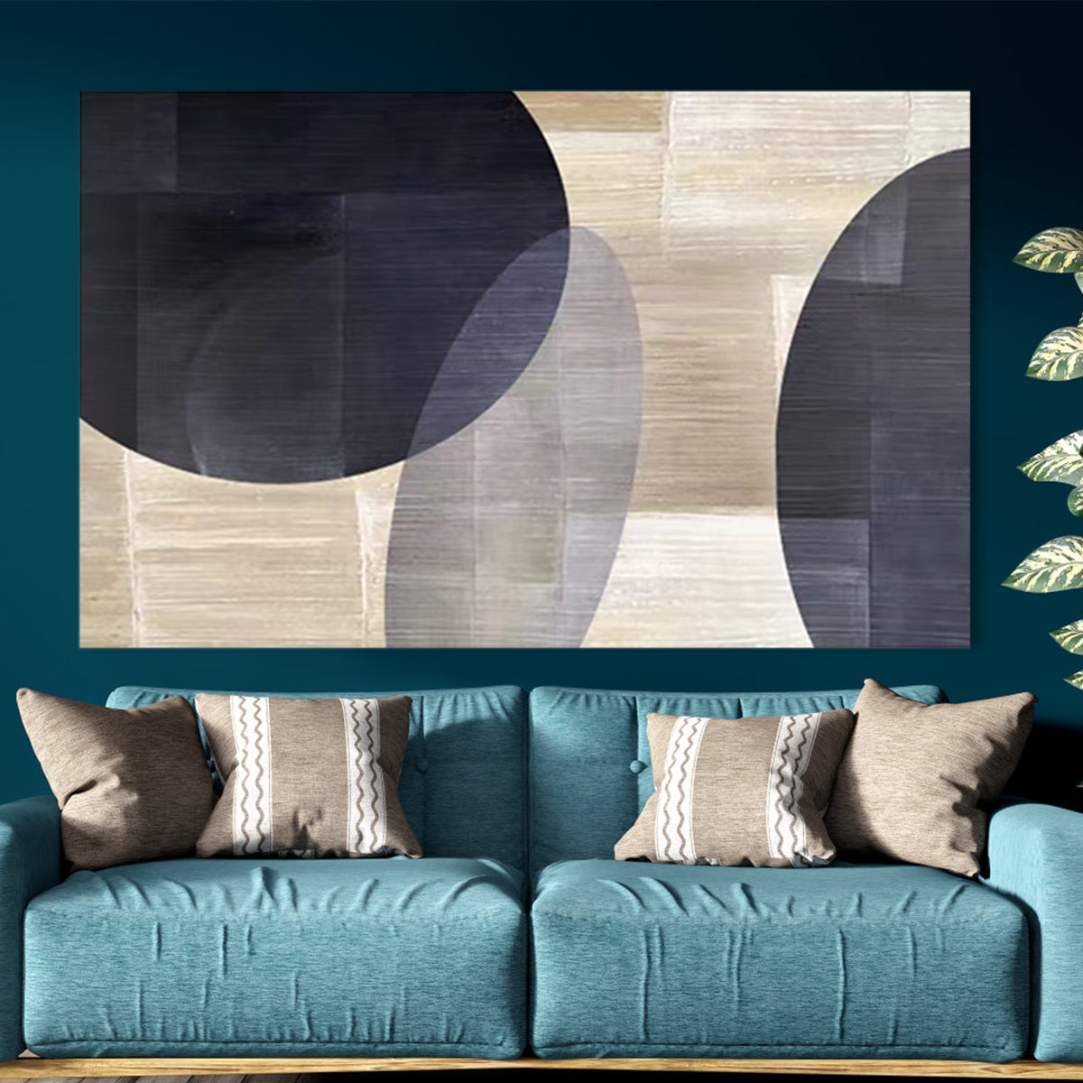 Abstract Geometric Oil Painting in Monochrome Tones for Modern Home Decor