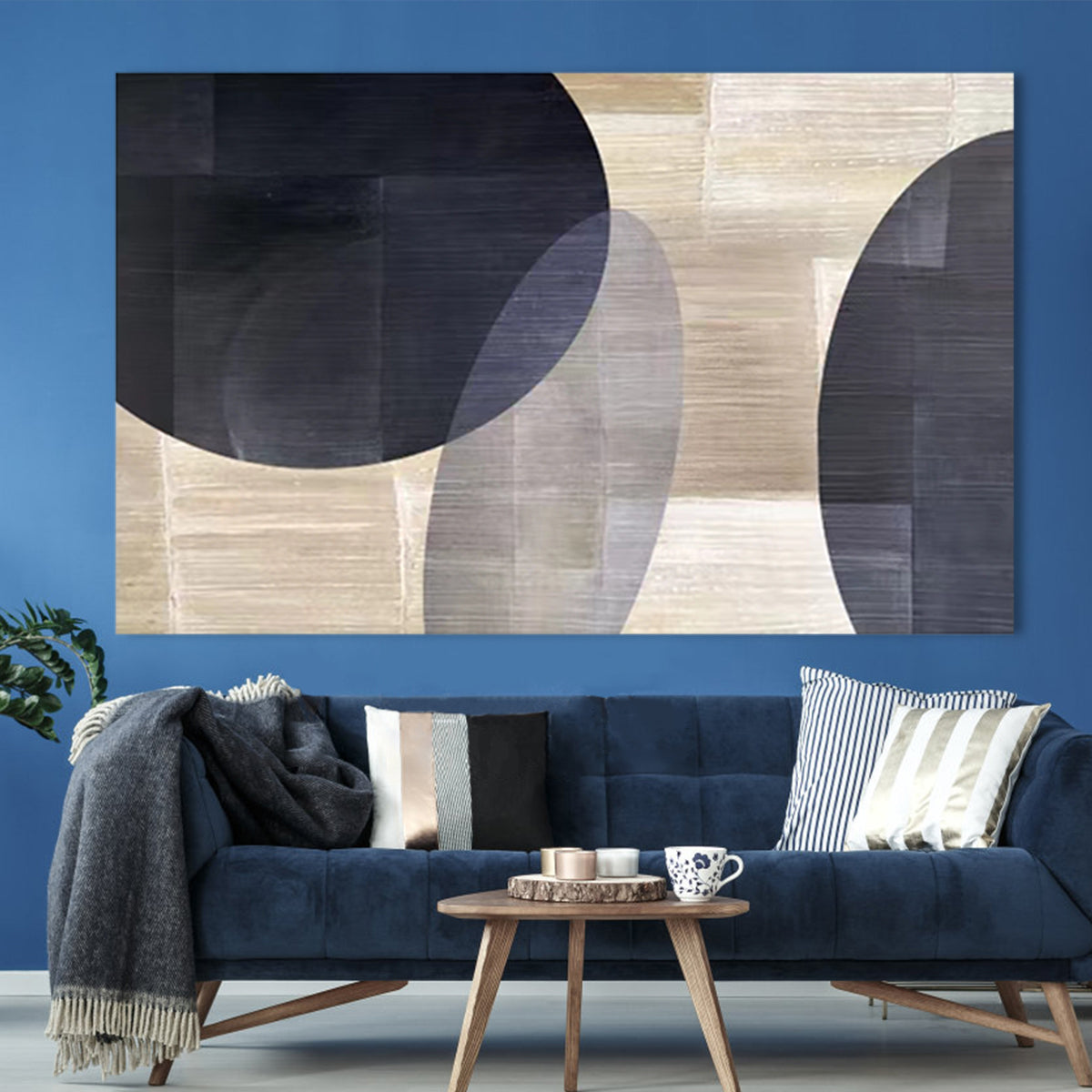 Abstract Geometric Oil Painting in Monochrome Tones for Modern Home Decor