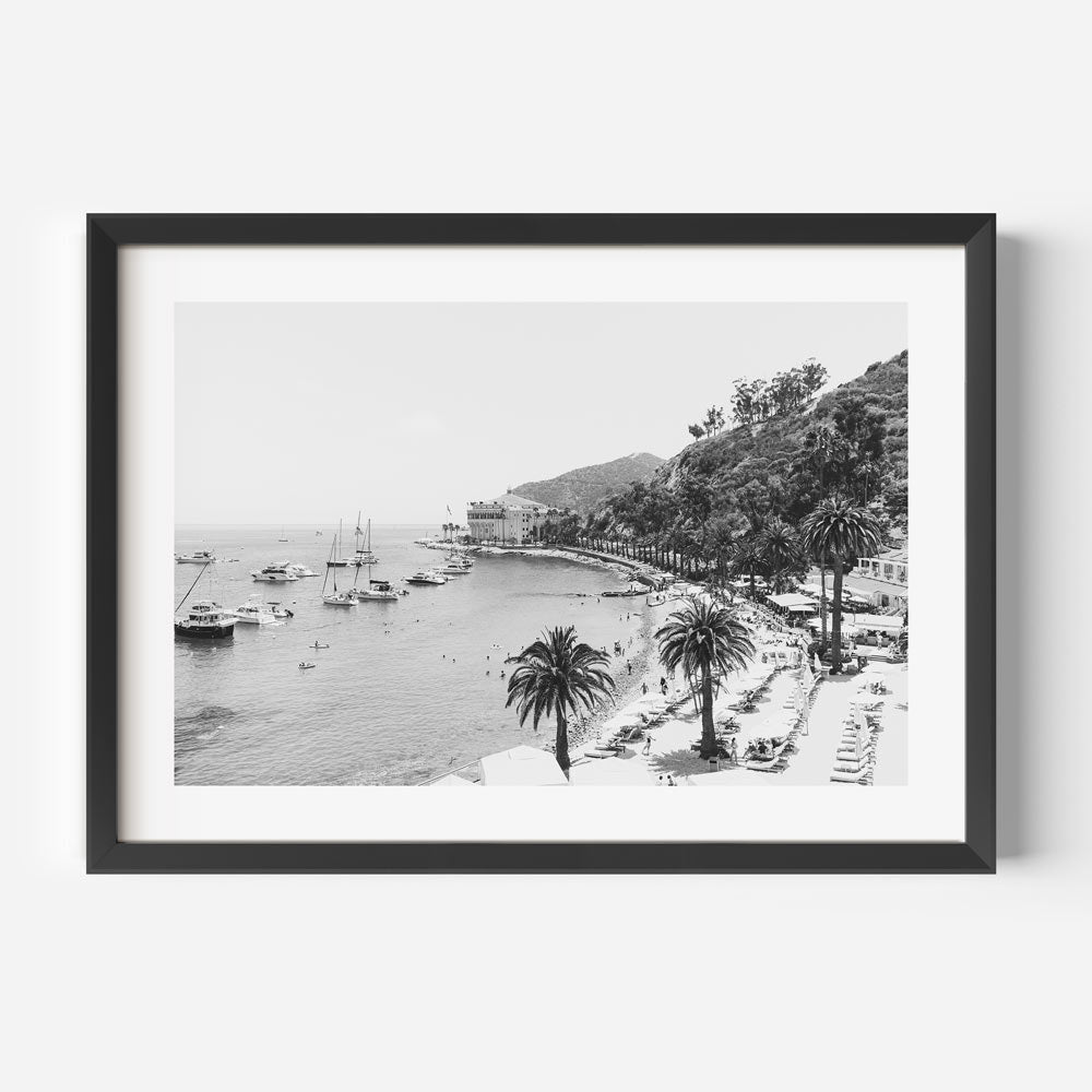 Serene Coastal Escape: Elegant Black and White Oil Painting of Palm Trees and Boats