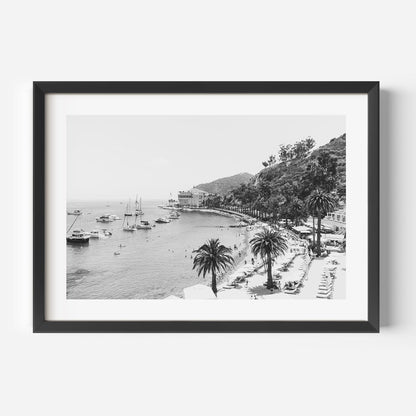Serene Coastal Escape: Elegant Black and White Oil Painting of Palm Trees and Boats