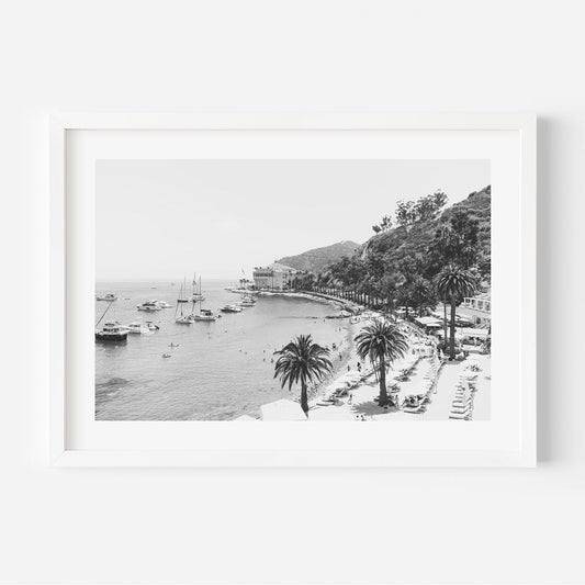 Serene Coastal Escape: Elegant Black and White Oil Painting of Palm Trees and Boats