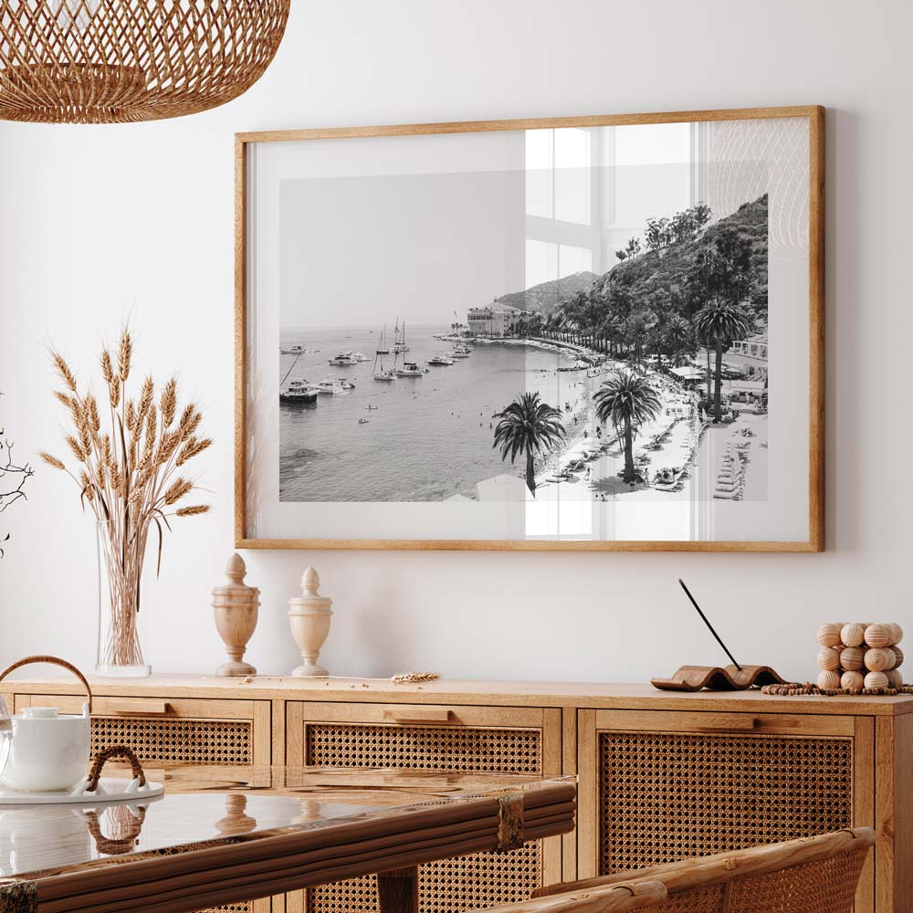 Serene Coastal Escape: Elegant Black and White Oil Painting of Palm Trees and Boats