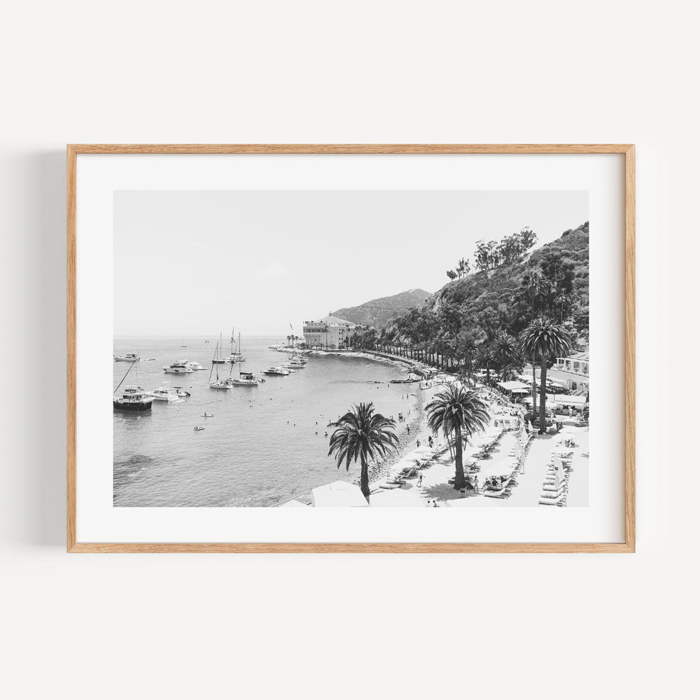 Serene Coastal Escape: Elegant Black and White Oil Painting of Palm Trees and Boats