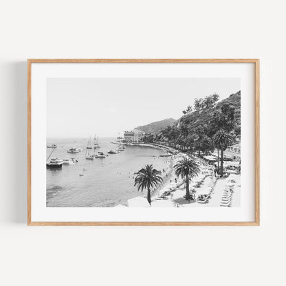 Serene Coastal Escape: Elegant Black and White Oil Painting of Palm Trees and Boats
