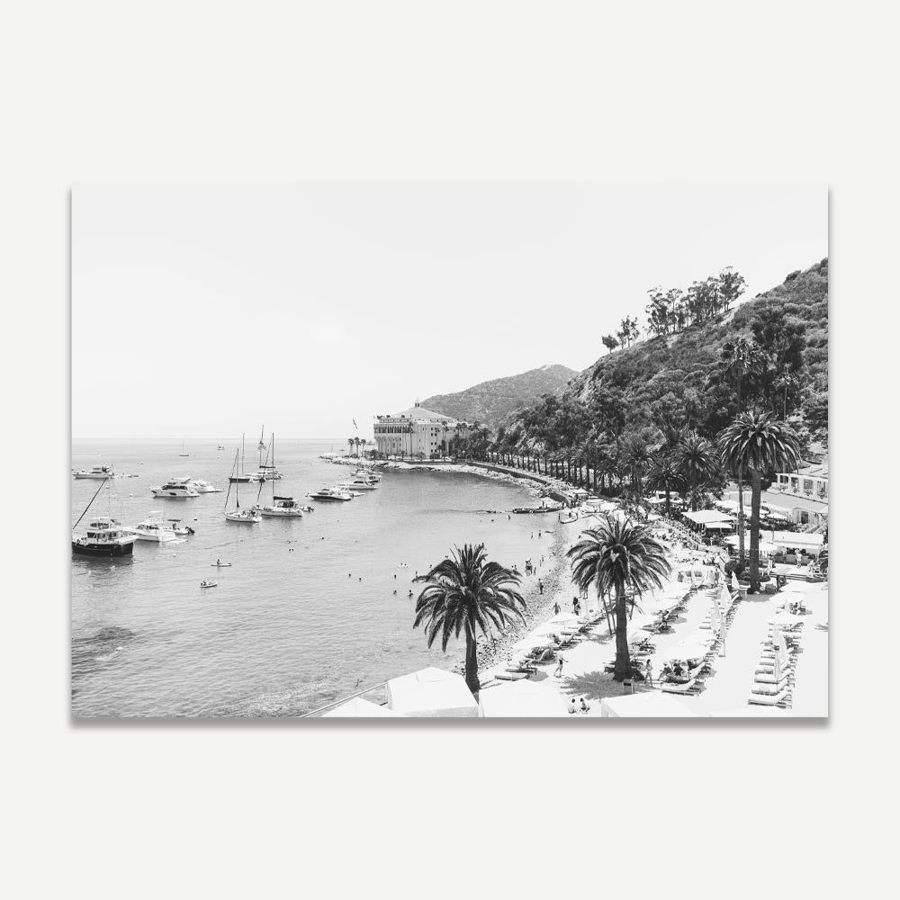 Serene Coastal Escape: Elegant Black and White Oil Painting of Palm Trees and Boats
