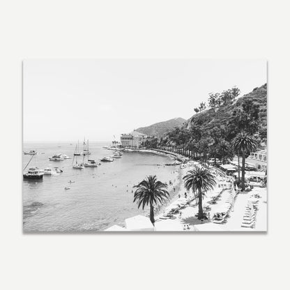 Serene Coastal Escape: Elegant Black and White Oil Painting of Palm Trees and Boats