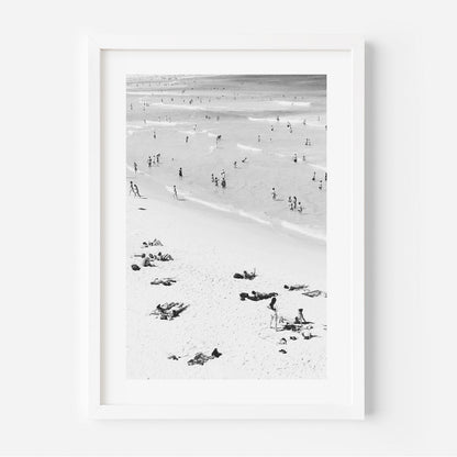 Black and White Bondi Beach Scene with Bathers and Sunbathers