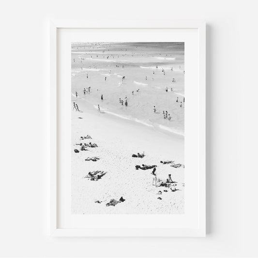 Black and White Bondi Beach Scene with Bathers and Sunbathers
