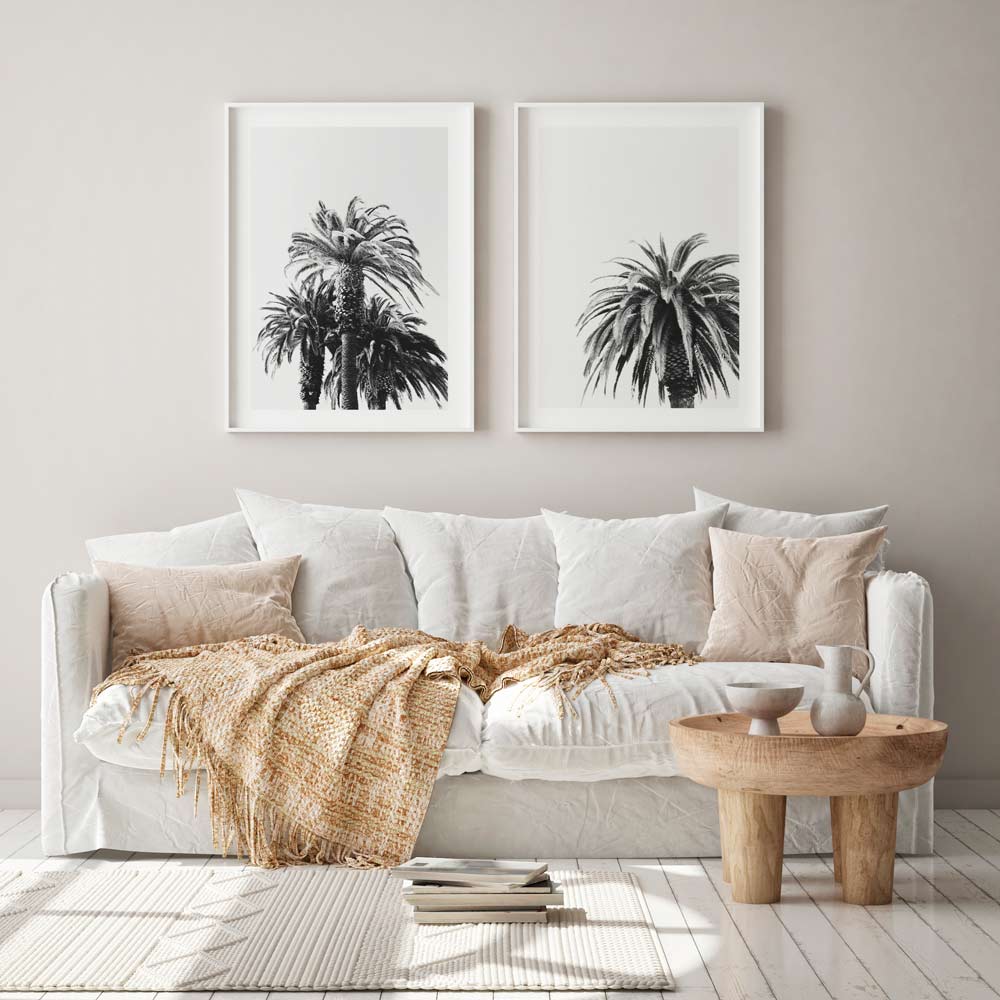 Monochrome Palm Tree Duo - Elegant Black and White Oil Painting Set for Modern Decor