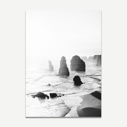 Serene Seascape: Black and White Coastal Rock Formation Art