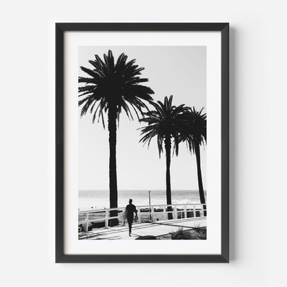 Serene Black and White Surfer Art with Palm Trees by the Ocean