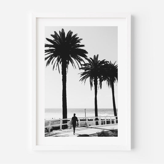 Serene Black and White Surfer Art with Palm Trees by the Ocean