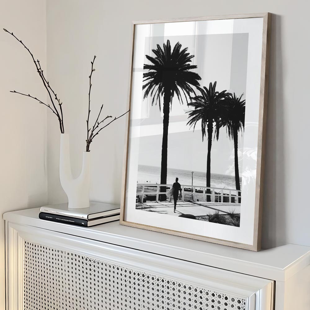 Serene Black and White Surfer Art with Palm Trees by the Ocean