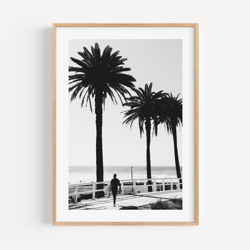 Serene Black and White Surfer Art with Palm Trees by the Ocean