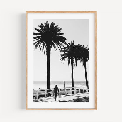 Serene Black and White Surfer Art with Palm Trees by the Ocean