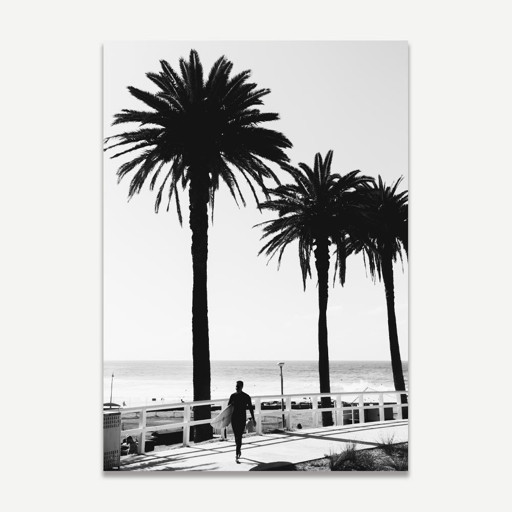 Serene Black and White Surfer Art with Palm Trees by the Ocean