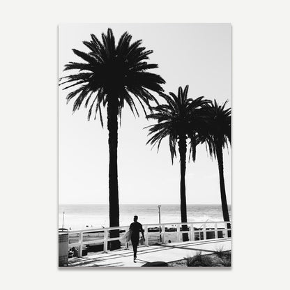 Serene Black and White Surfer Art with Palm Trees by the Ocean