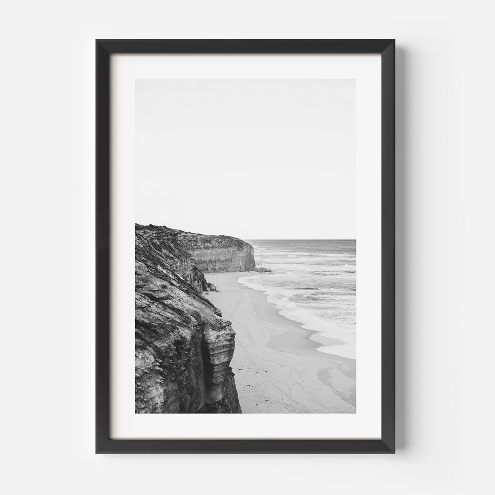 Serene Coastal Cliffscape in Elegant Black and White Oil Painting
