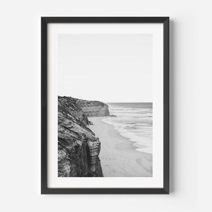 Serene Coastal Cliffscape in Elegant Black and White Oil Painting