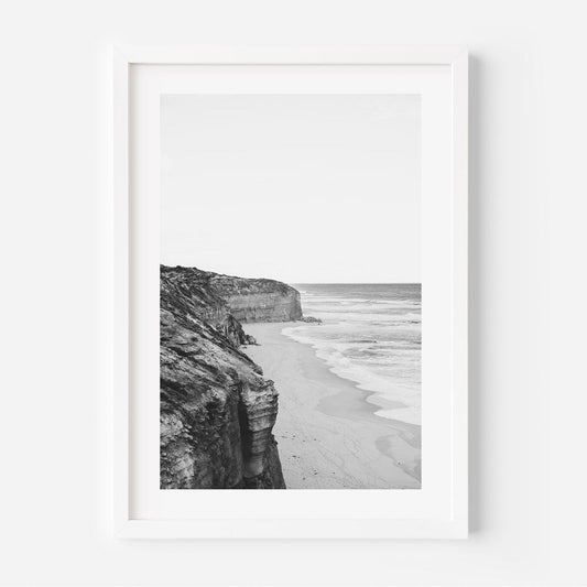 Serene Coastal Cliffscape in Elegant Black and White Oil Painting