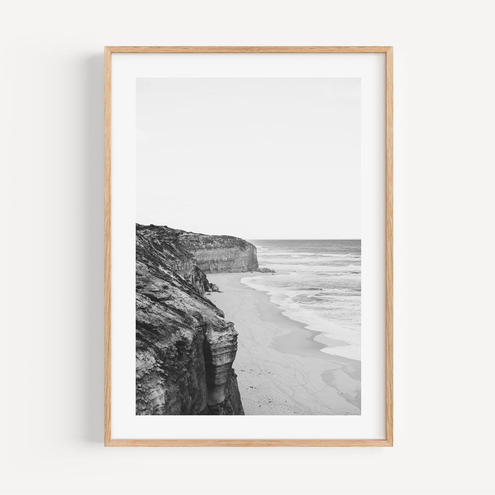 Serene Coastal Cliffscape in Elegant Black and White Oil Painting